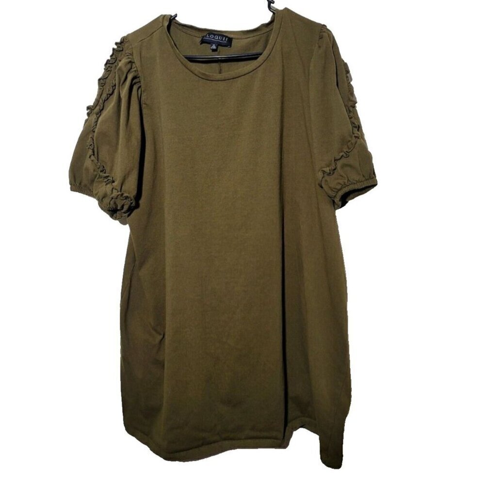 Eloquii Mini Dress 20 Olive Green Ruffle Breathable Casual Cotton Pullover Women